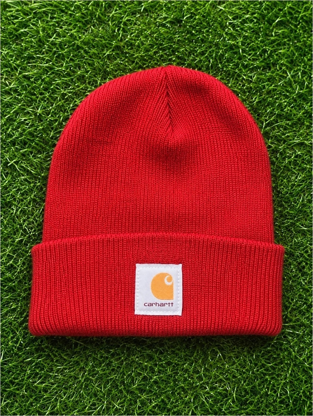 Carhartt Red Knit Cuffed Beanie with Logo Patch